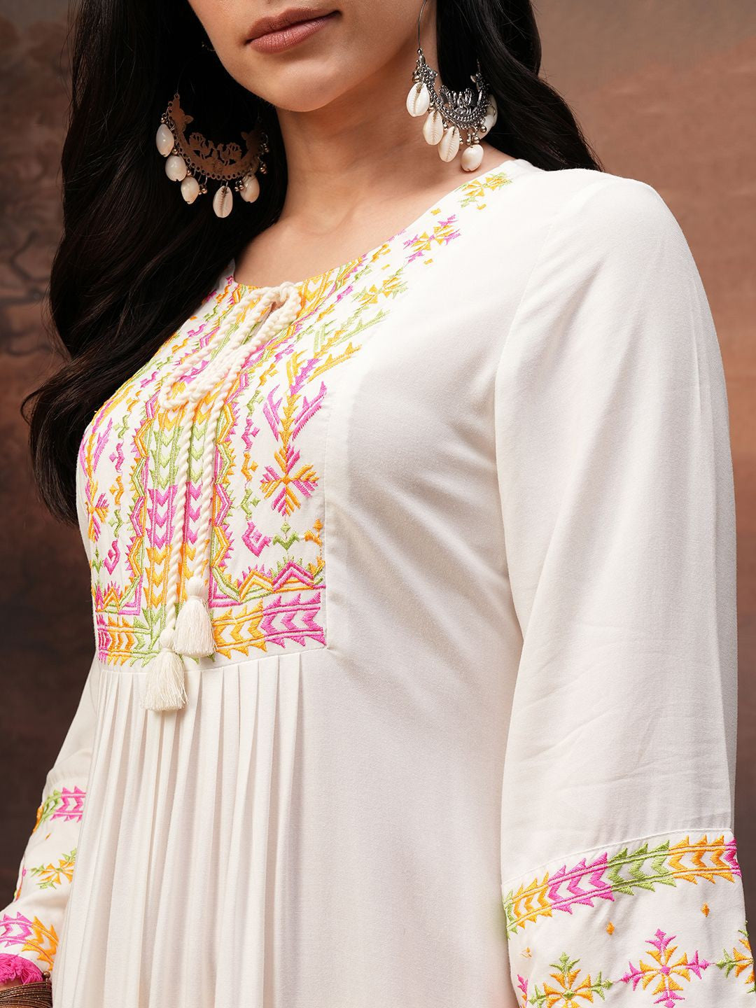 Women Embroidered Gathered Midi Dress