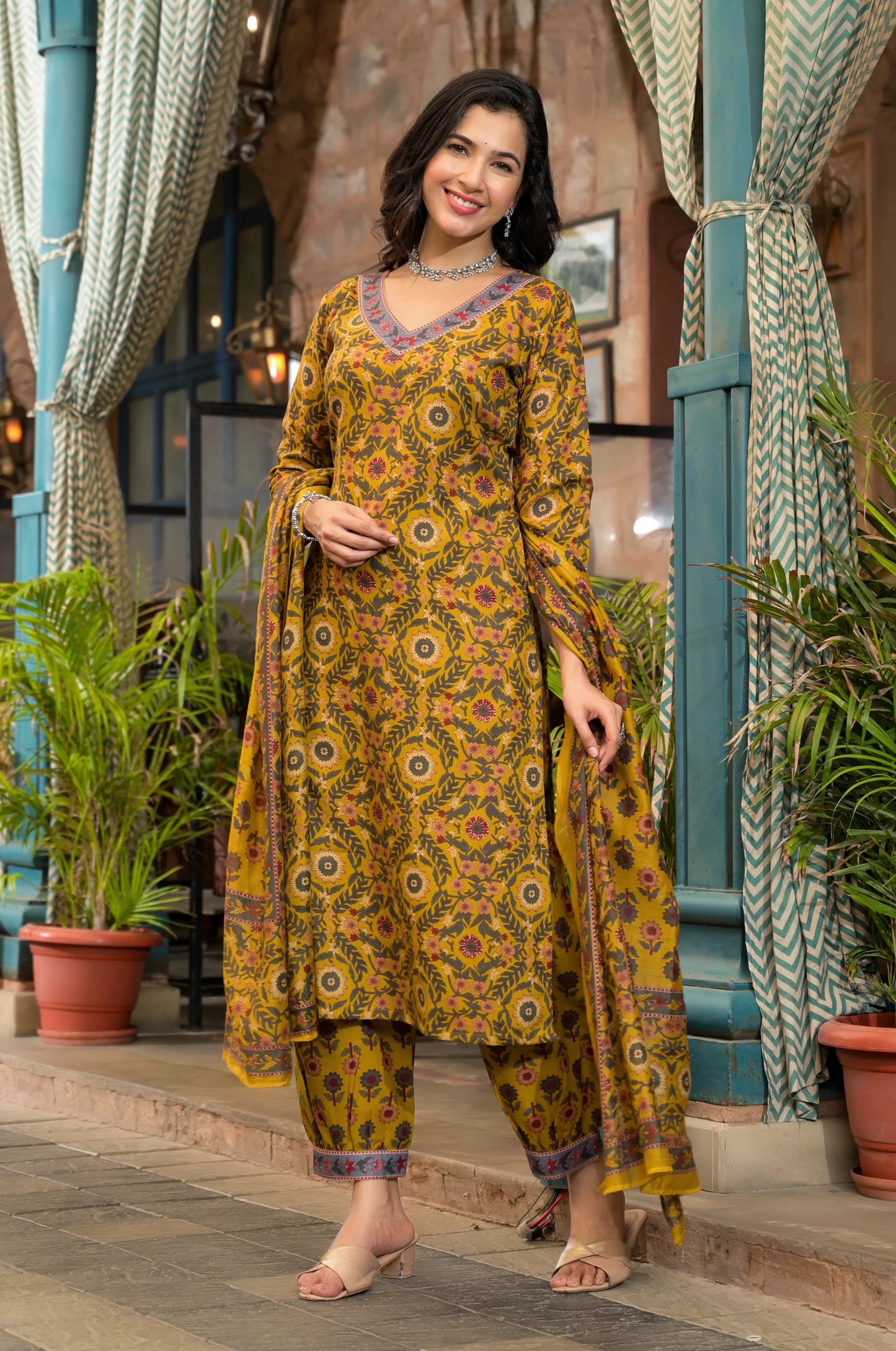 Women Mustard Viscose Rayon Kurta Pant Dupatta Set