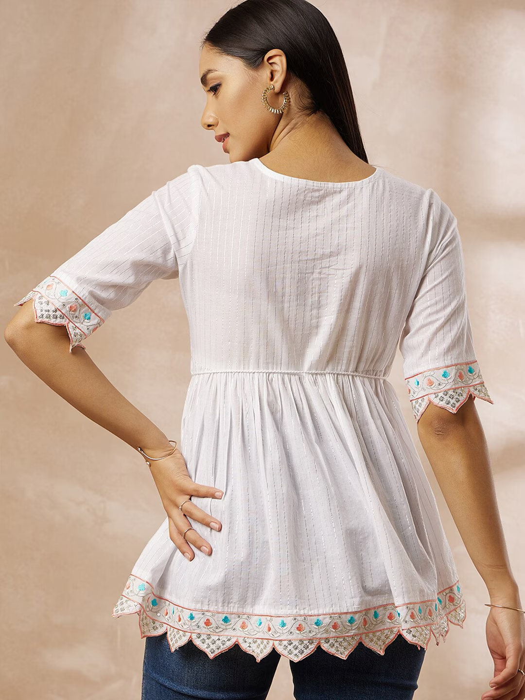 White Striped Round Neck Embroidered Cotton Empire Top