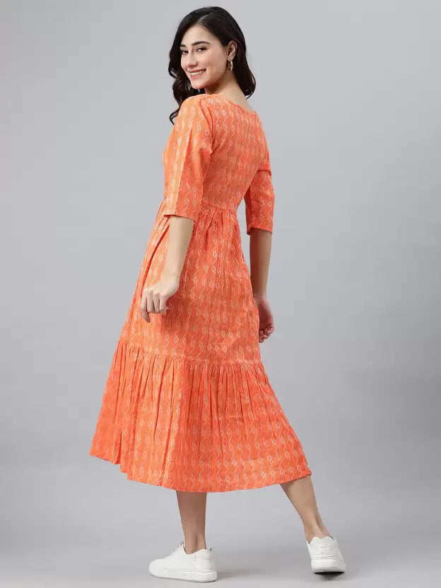 Women Fit and Flare Orange Dress