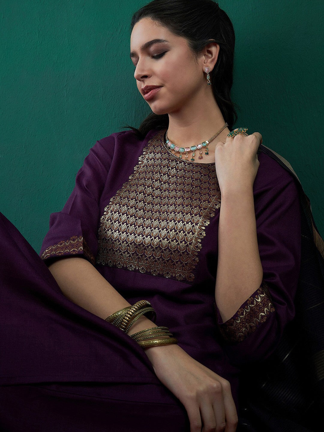 Purple Yoke Design Regular Pure Cotton Kurta With Palazzos & Dupatta