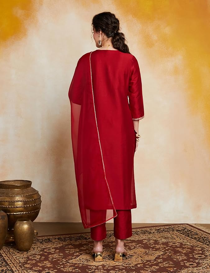 Women's Embroidered Kurta Set with Organza Dupatta