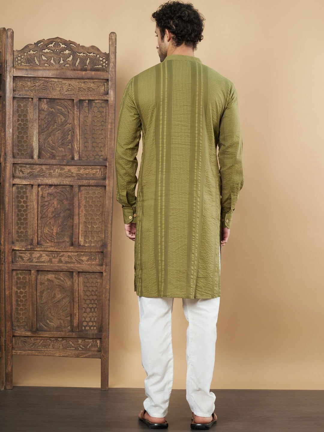 Striped Mandarin Collar Regular Pure Cotton Straight Kurta