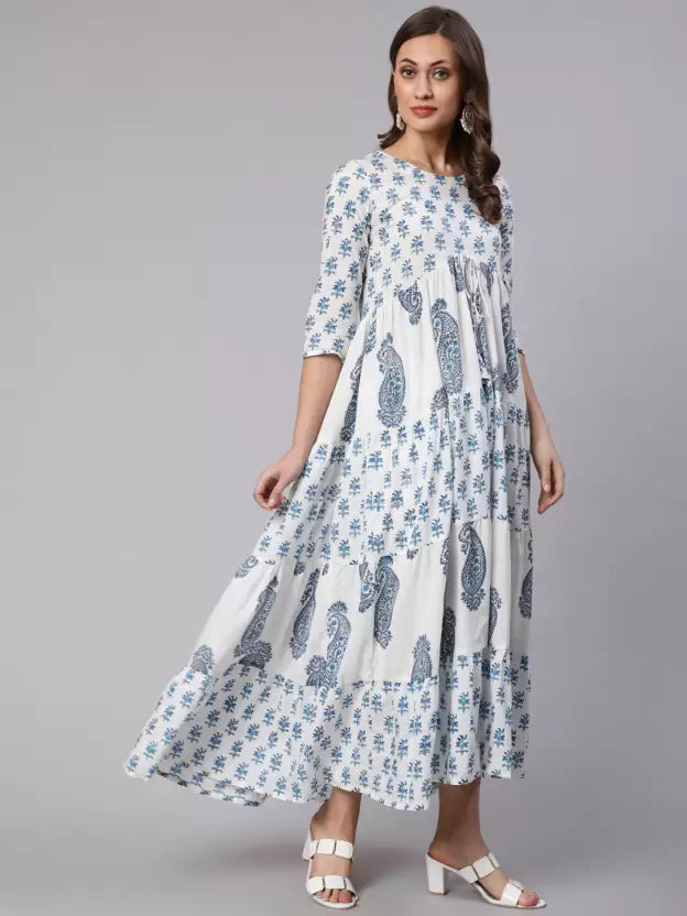 Women Printed Viscose Rayon Flared Kurta (White)
