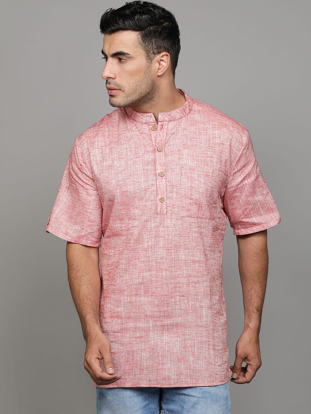 Mandarin Collar Woven Design Straight Pure Cotton Short Kurta