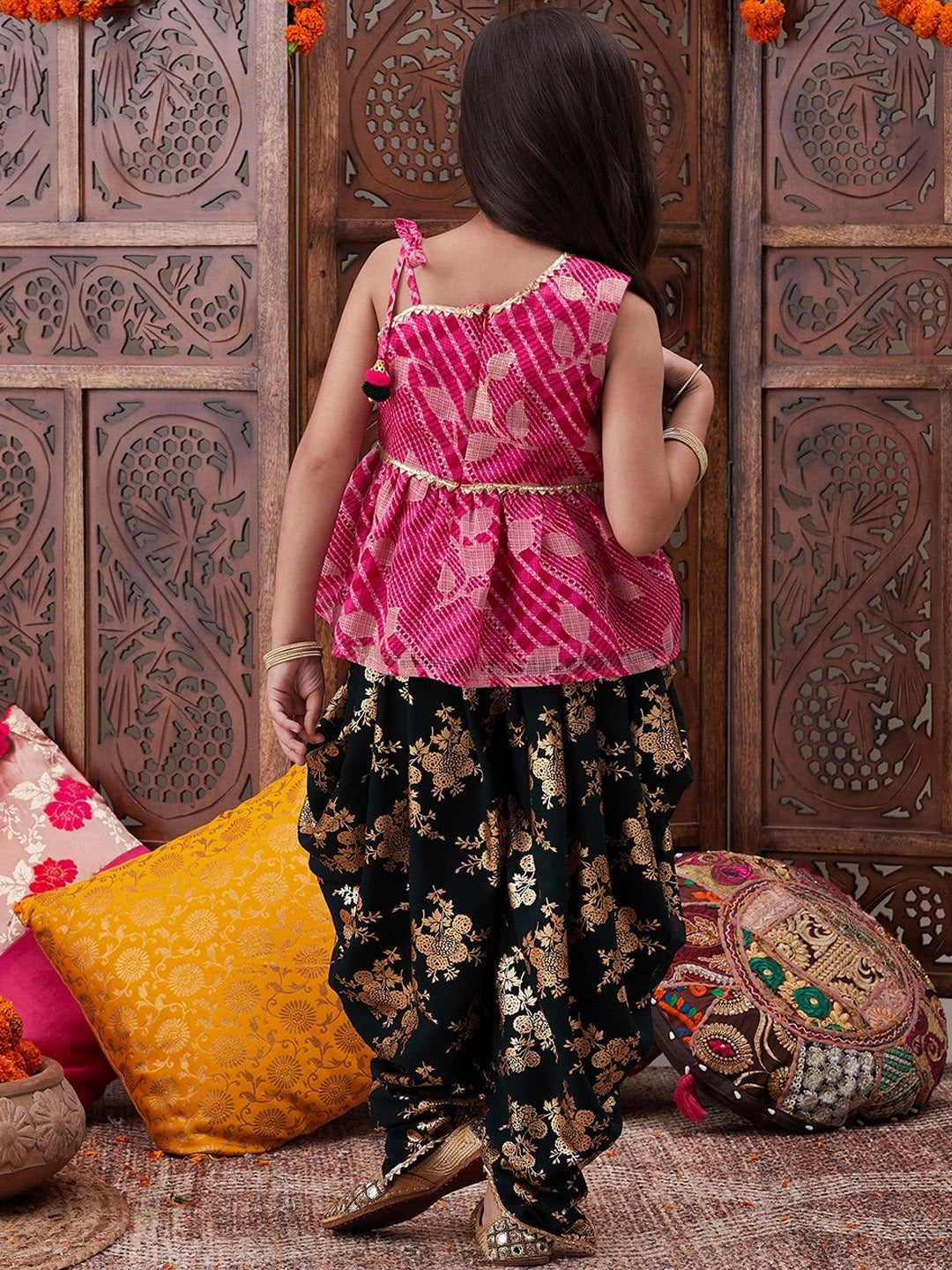 Girls Ethnic Motifs Printed One Shoulder A-Line Top With Dhoti Pants