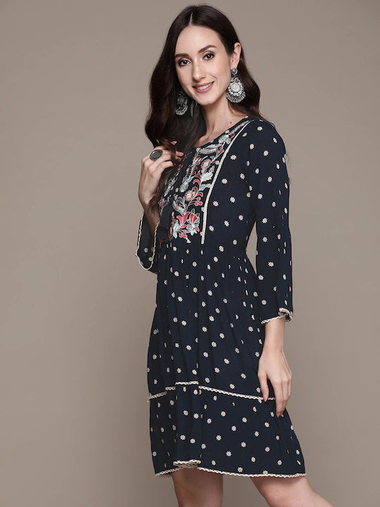 Navy Blue Floral Embroidered Tassel Detail Georgette A-Line Dress