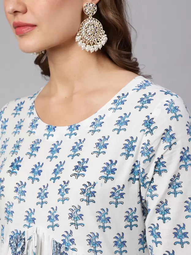 Women Printed Viscose Rayon Flared Kurta (White)