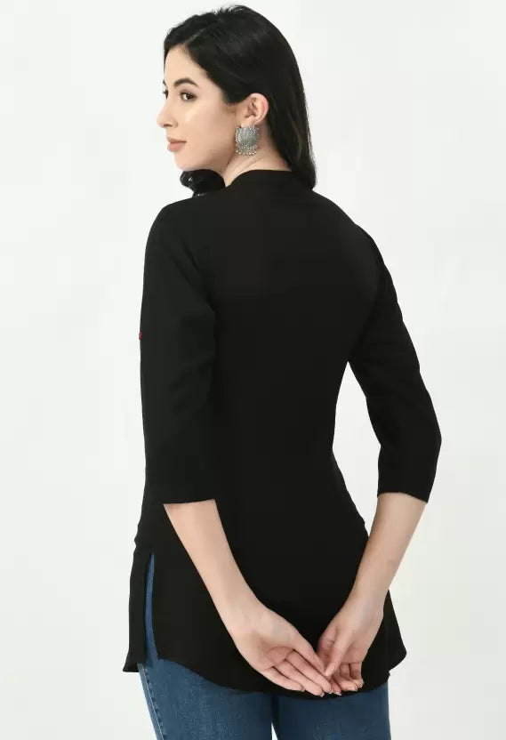Casual Roll Up Sleeves Embroidered Women Black Top