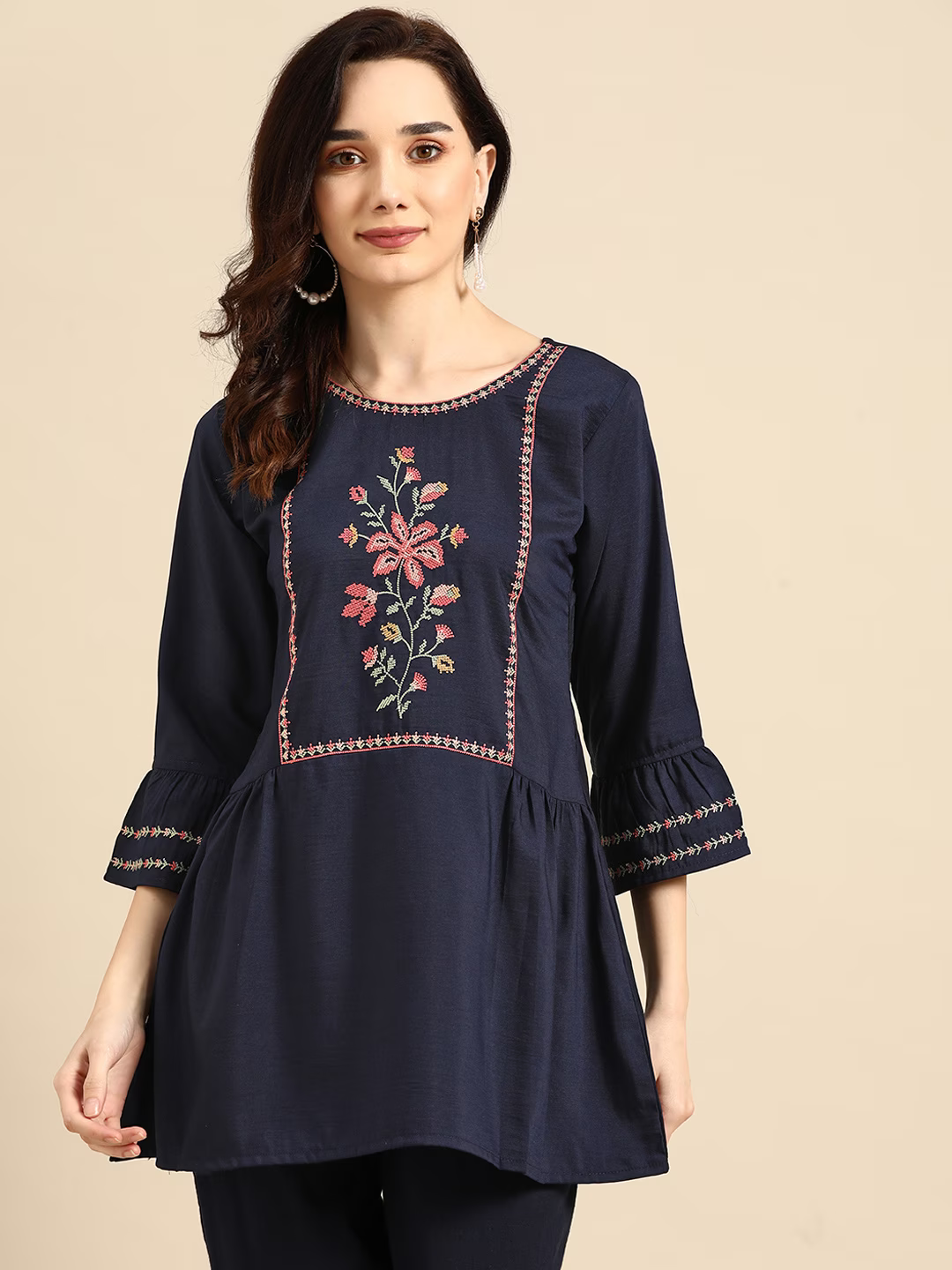 Navy Blue Embroidered Bell Sleeves Longline Top