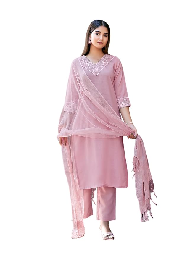 Women's Cotton Blend Embroidery Straight Kurta with Pant and Self Woven Dupatta