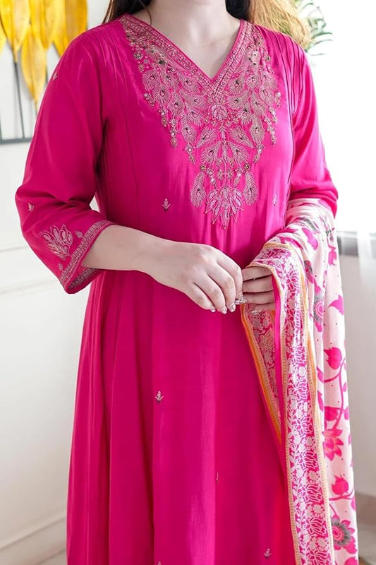 Women Silk Embroidery Kurta and Pant Set with Dupatta