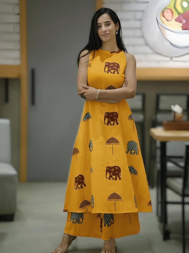 Elephant Print Sleeveless Kurta Palazzo set (Yellow)