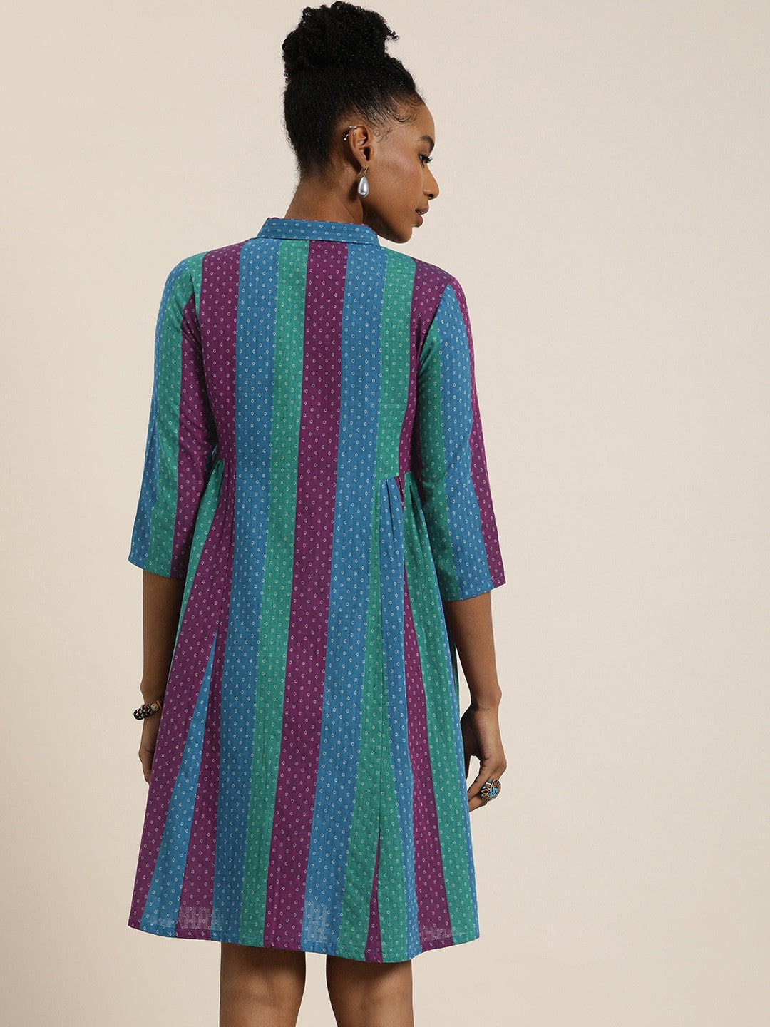 Woven Legacy Striped & Floral Micro-Ditsy Pure Cotton Shirt Stytle Ethnic Dress