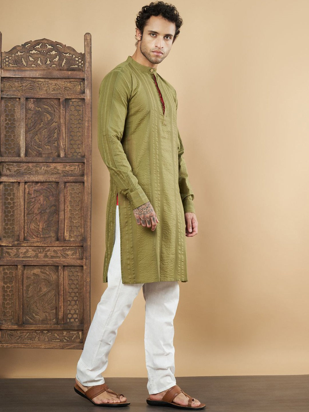 Striped Mandarin Collar Regular Pure Cotton Straight Kurta
