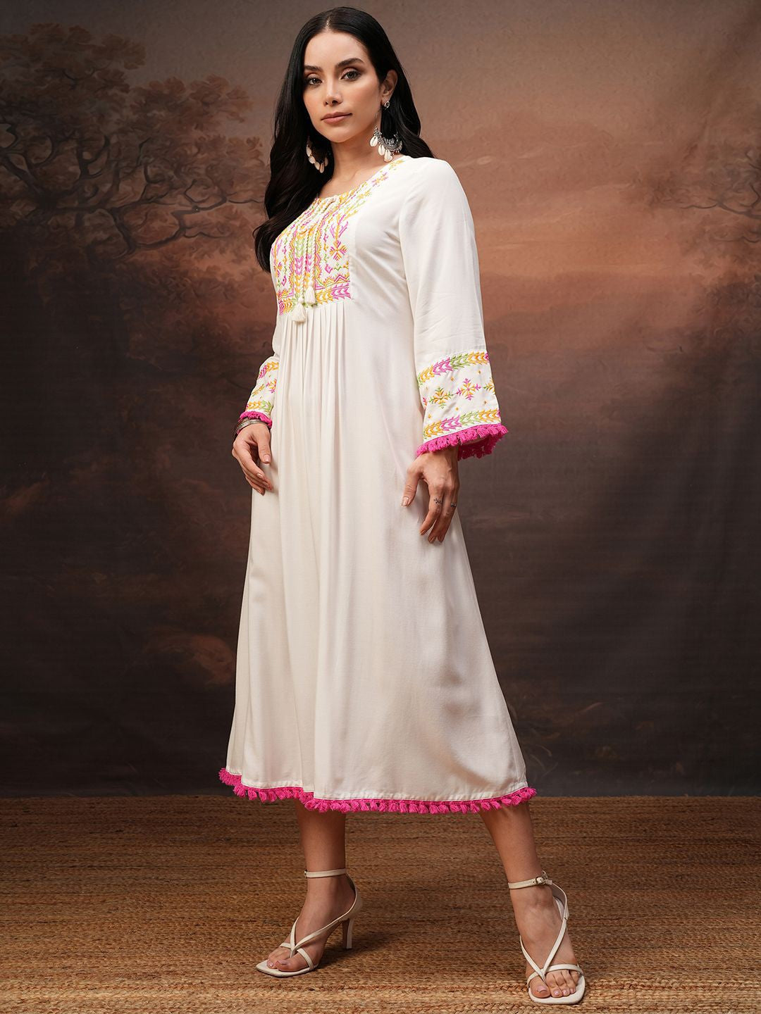 Women Embroidered Gathered Midi Dress