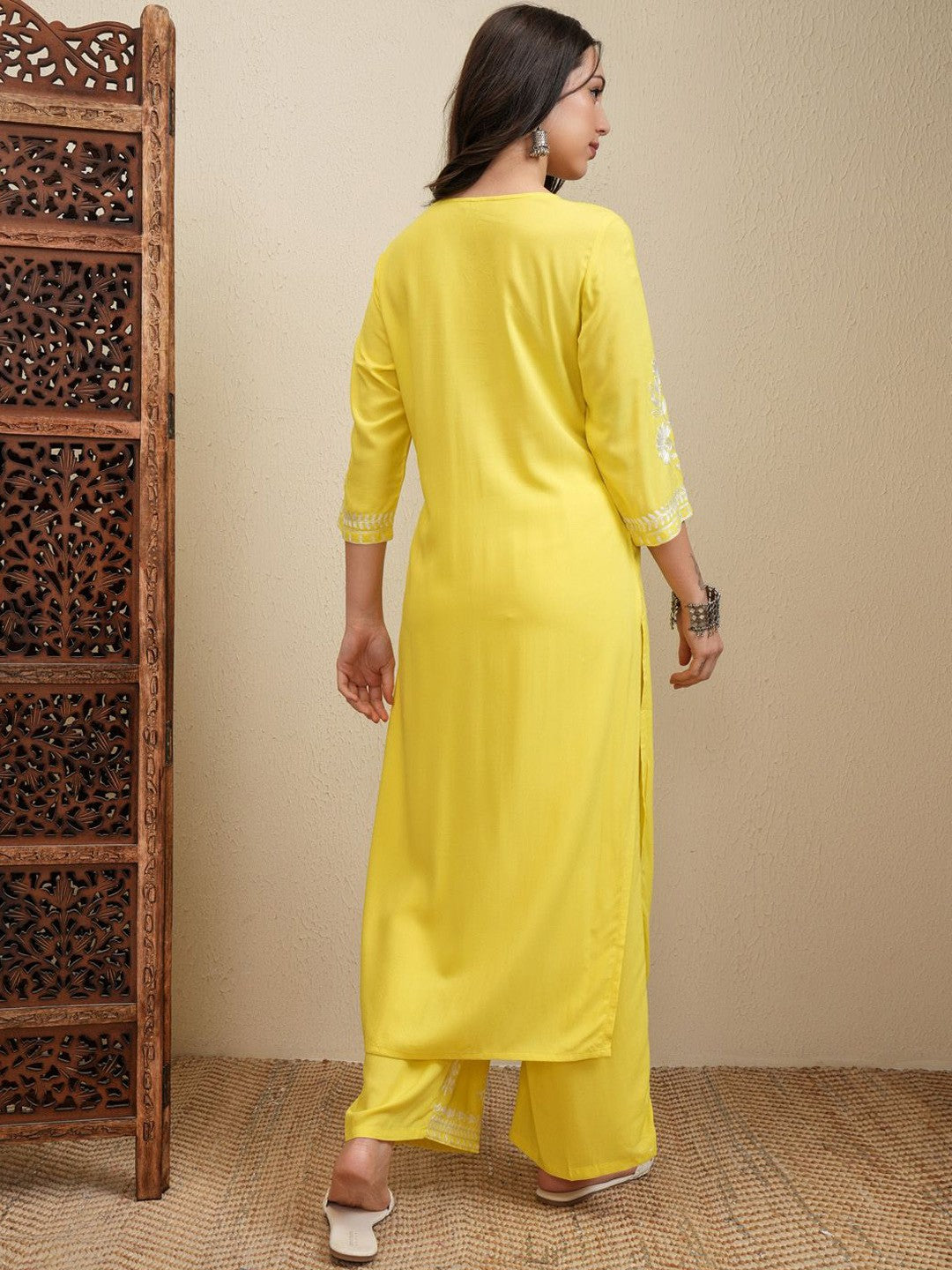 Yellow Floral Embroidered Round Neck Thread Work Straight Kurta With Palazzos