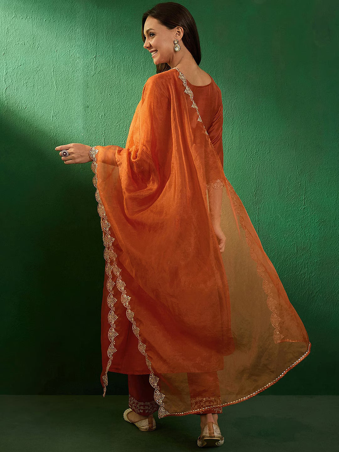 Embroidered Boat-Neck Kurta With Trousers & Dupatta