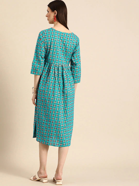 Women Blue & Red Printed Pure Cotton Pleated Ethnic A-Line Dress