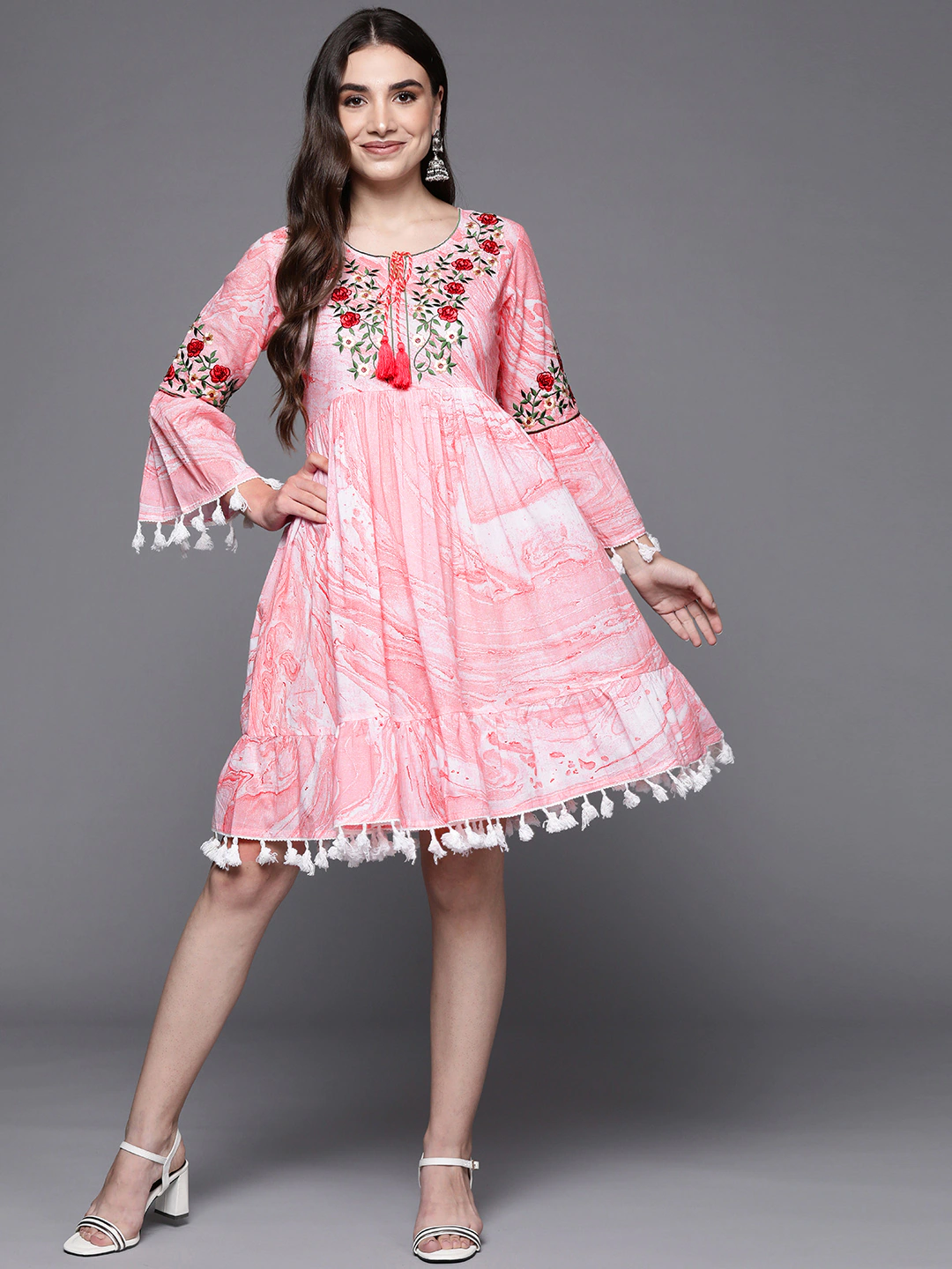 Peach-Coloured Floral Embroidered Tie-Up Neck Ethnic A-Line Dress
