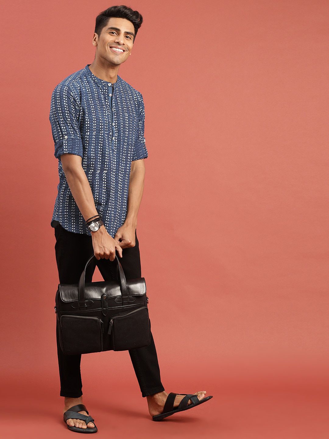 Men Indigo Hand Block Printed Straight Sustainable Kurta with Roll-Up Sleeves