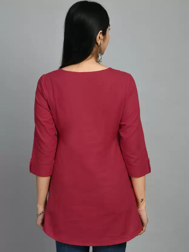 Casual Cuffed Sleeves Embroidered Women Top