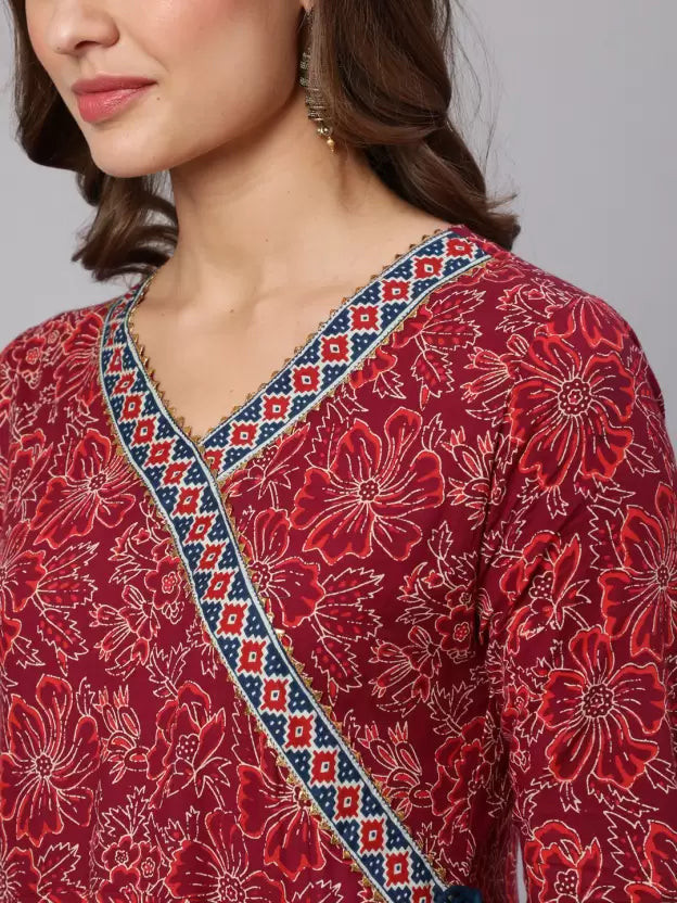 Women Printed Pure Cotton Flared Kurta (Maroon)