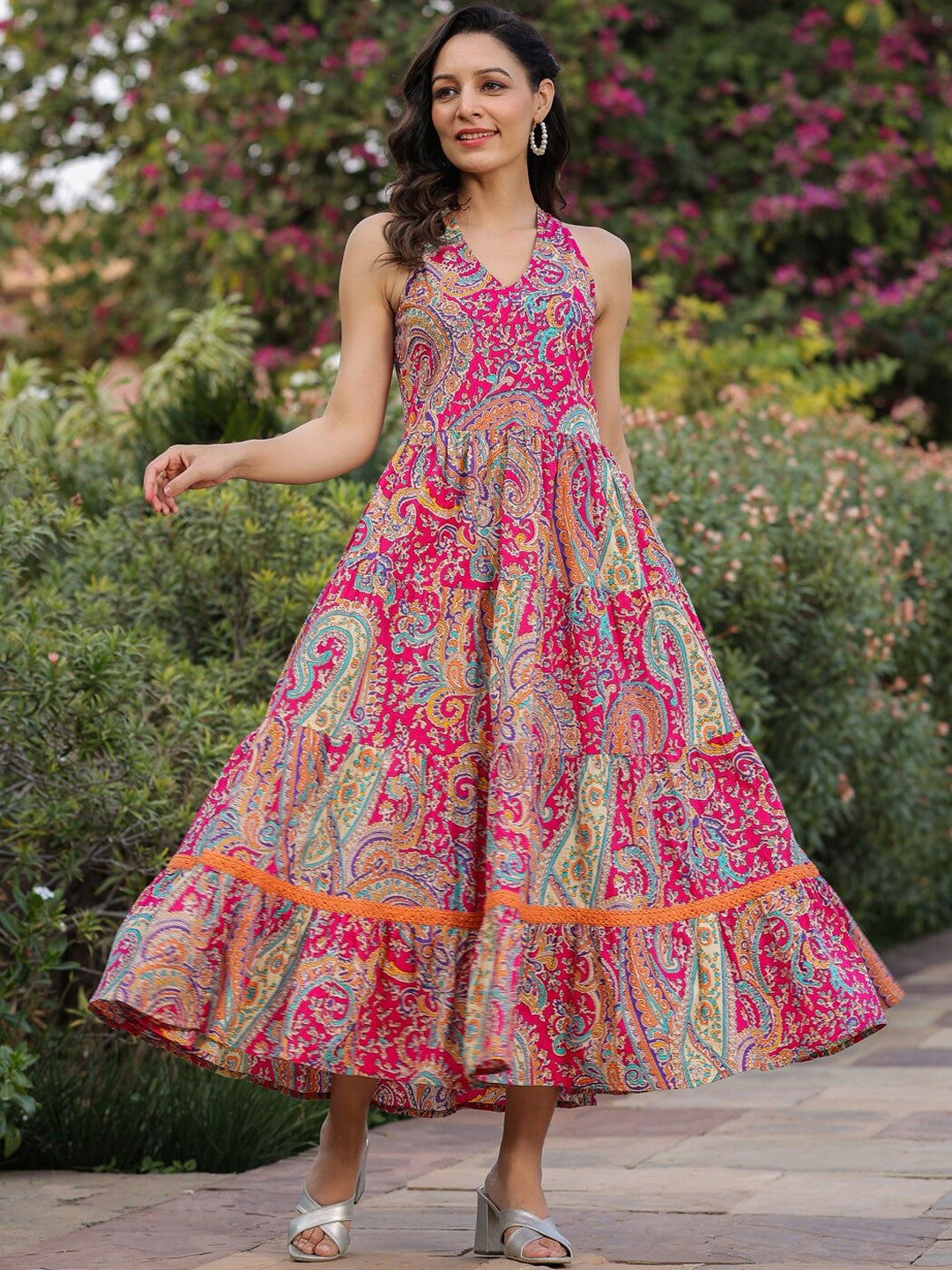 Ethnic Motifs Printed Maxi Fit & Flare Tiered Pure Cotton Ethnic Dress