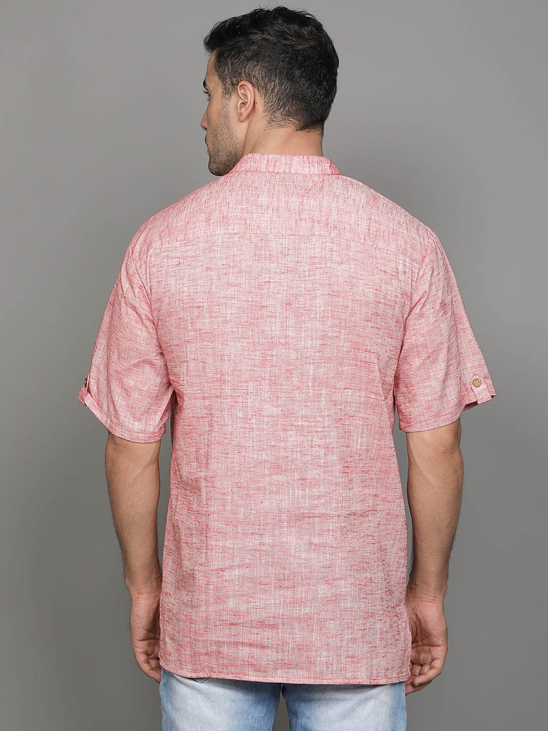 Mandarin Collar Woven Design Straight Pure Cotton Short Kurta