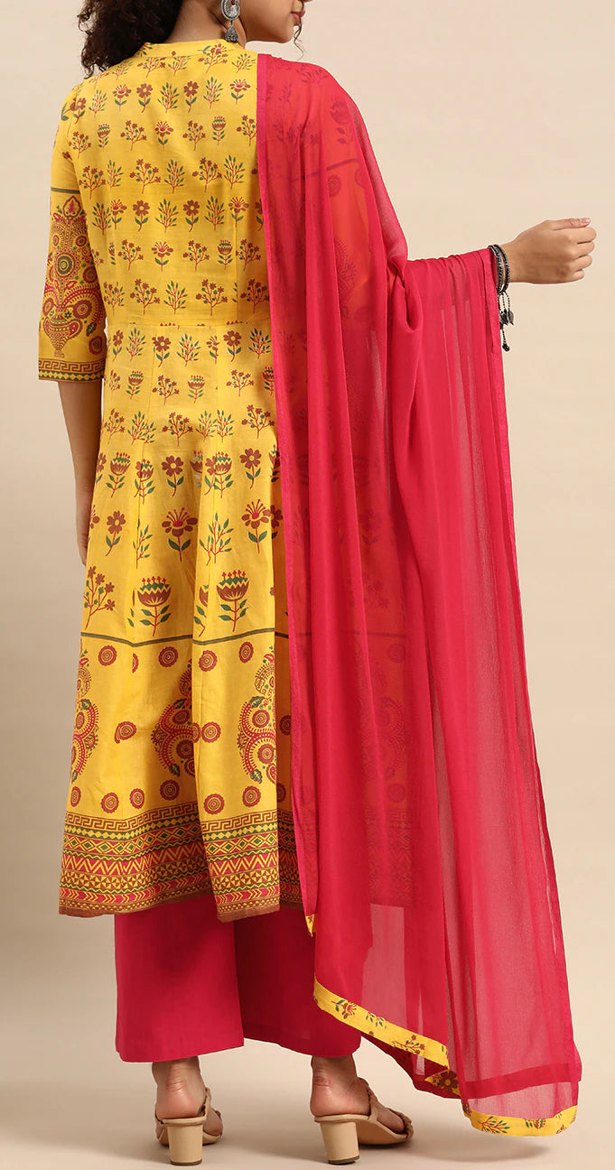 Women Yellow Pure Cotton Printed Kurta with Palazzos & Dupatta