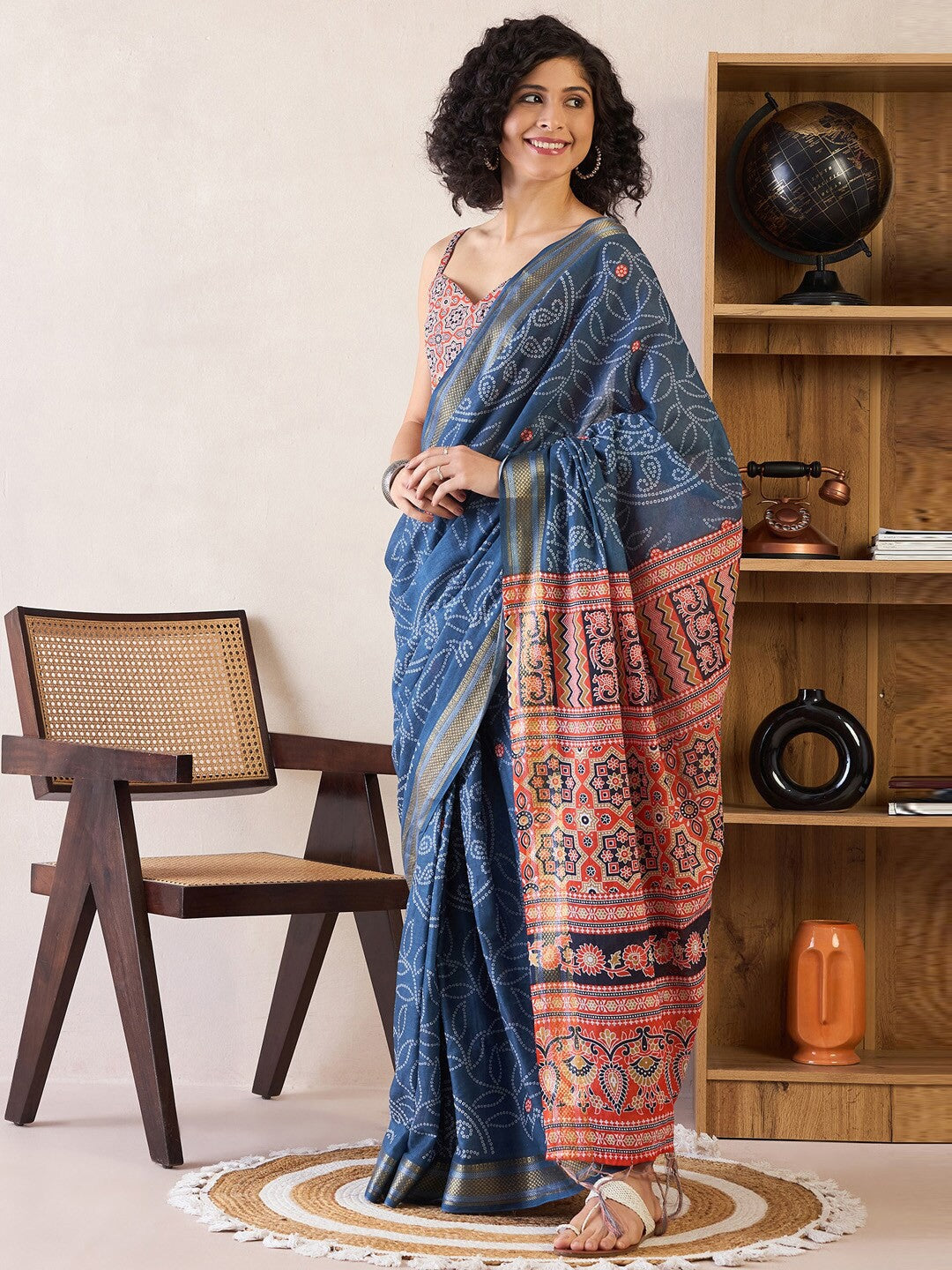 Bandhani Zari Poly Cotton Ready to Wear Bagru Sarees