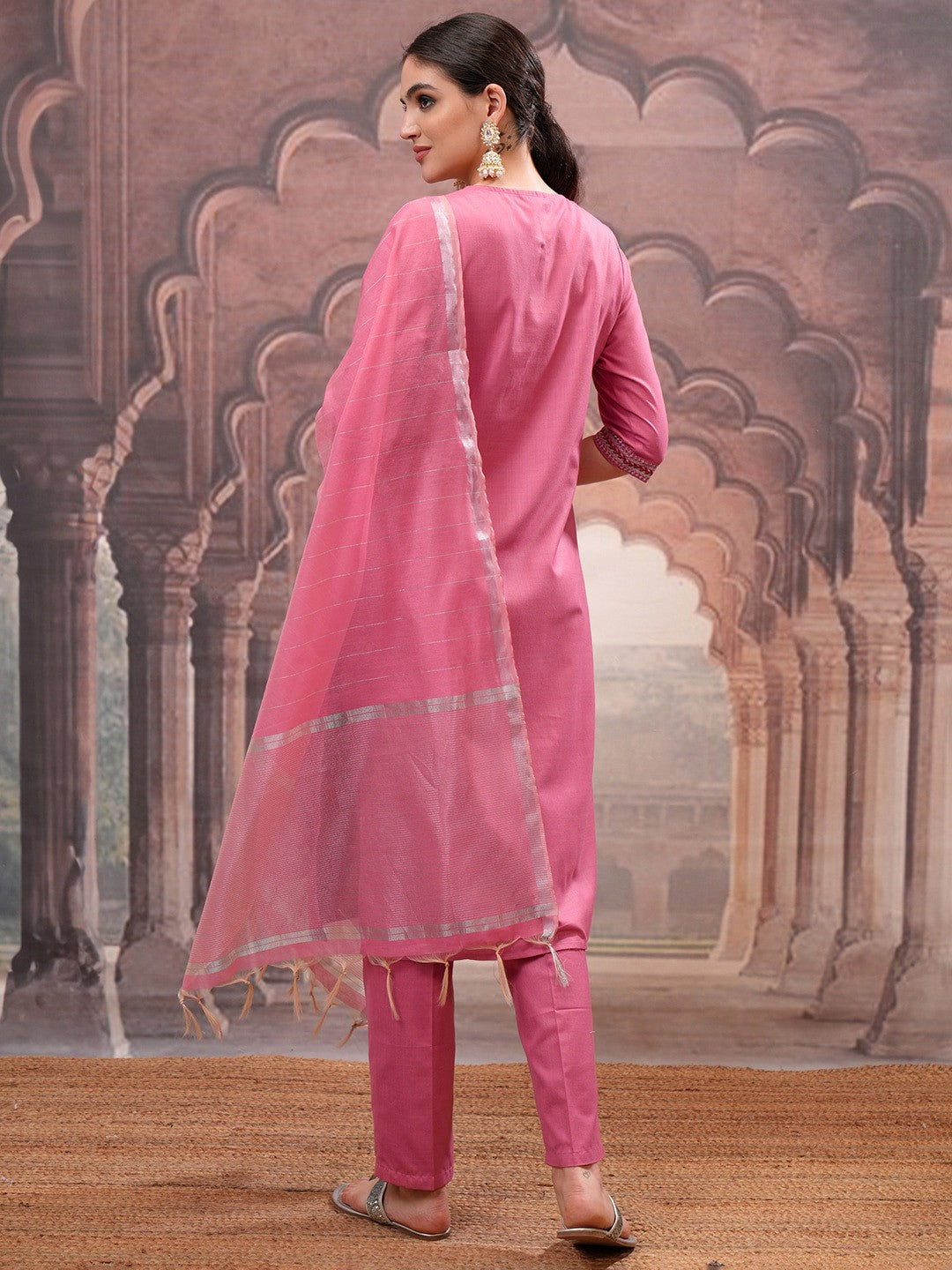 Rose Embroidered Straight Kurta with Trouser & Dupatta