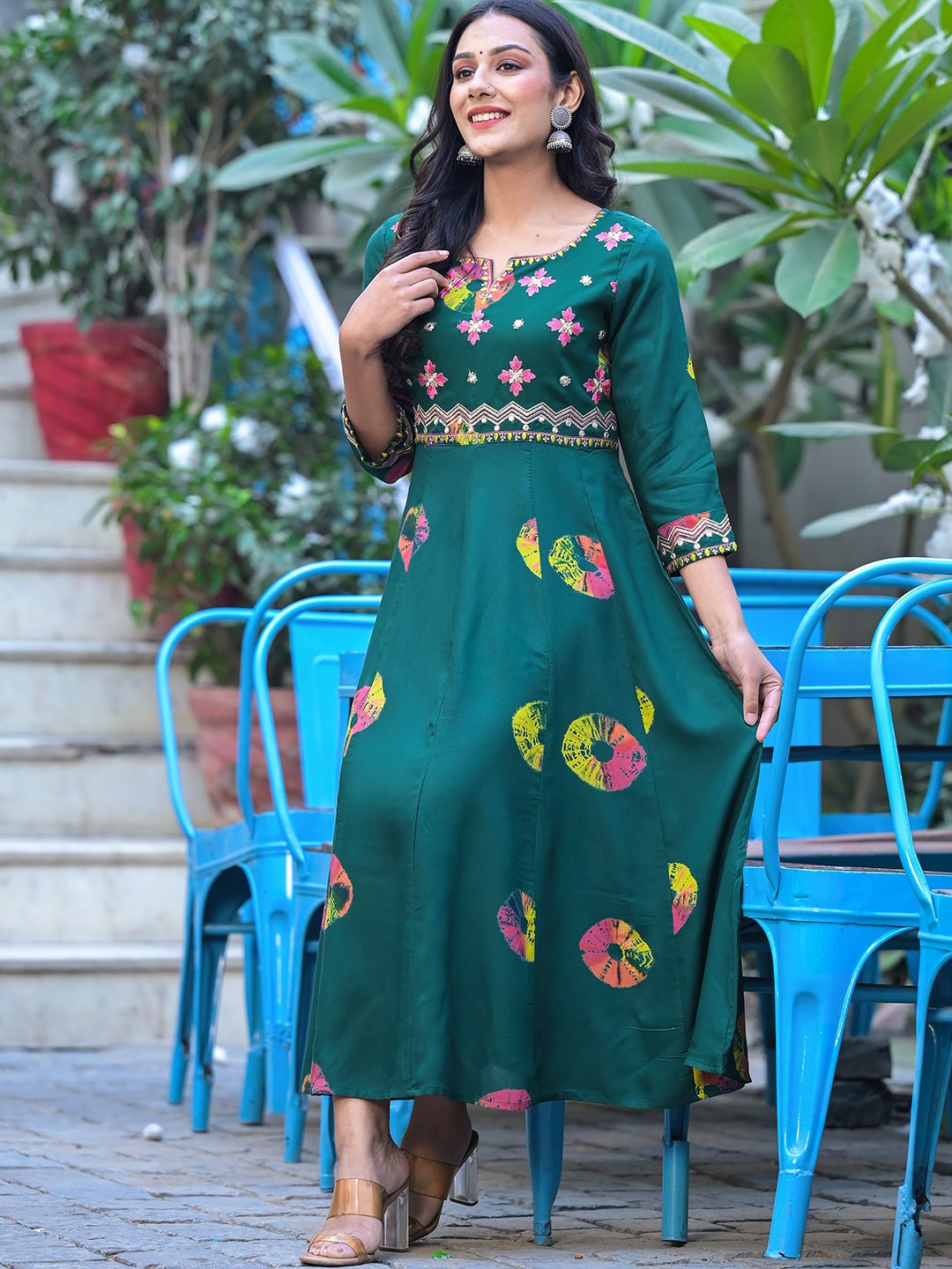 Printed Notched Neck Embroidered Midi A-Line Ethnic Dress