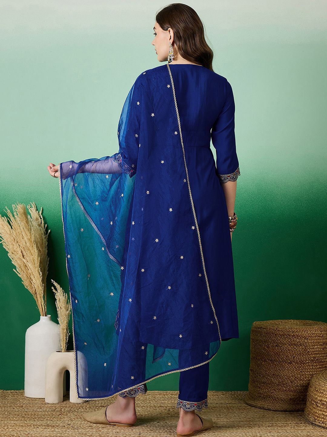 Floral Embroidered A Line Kurta With Pant & Dupatta