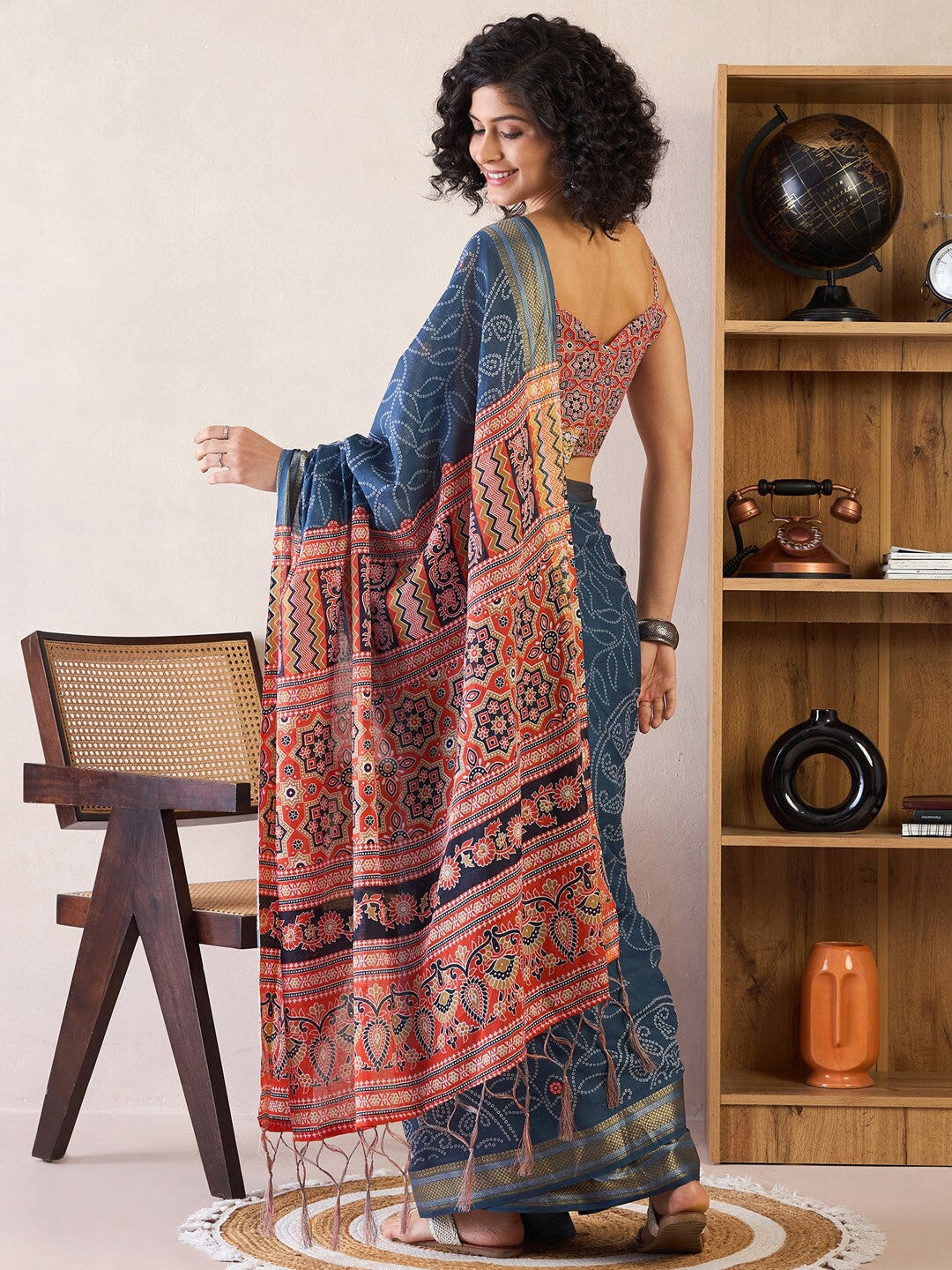 Bandhani Zari Poly Cotton Ready to Wear Bagru Sarees