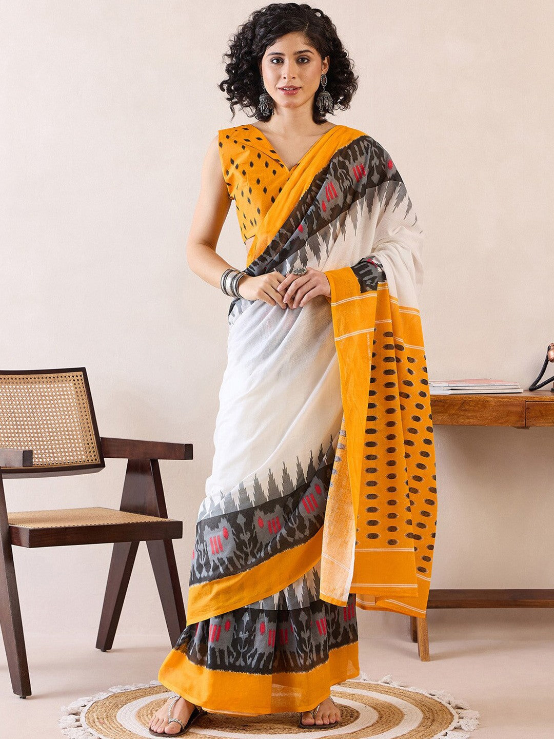 Ethnic Motifs Poly Cotton Ready To Wear Ikat Saree