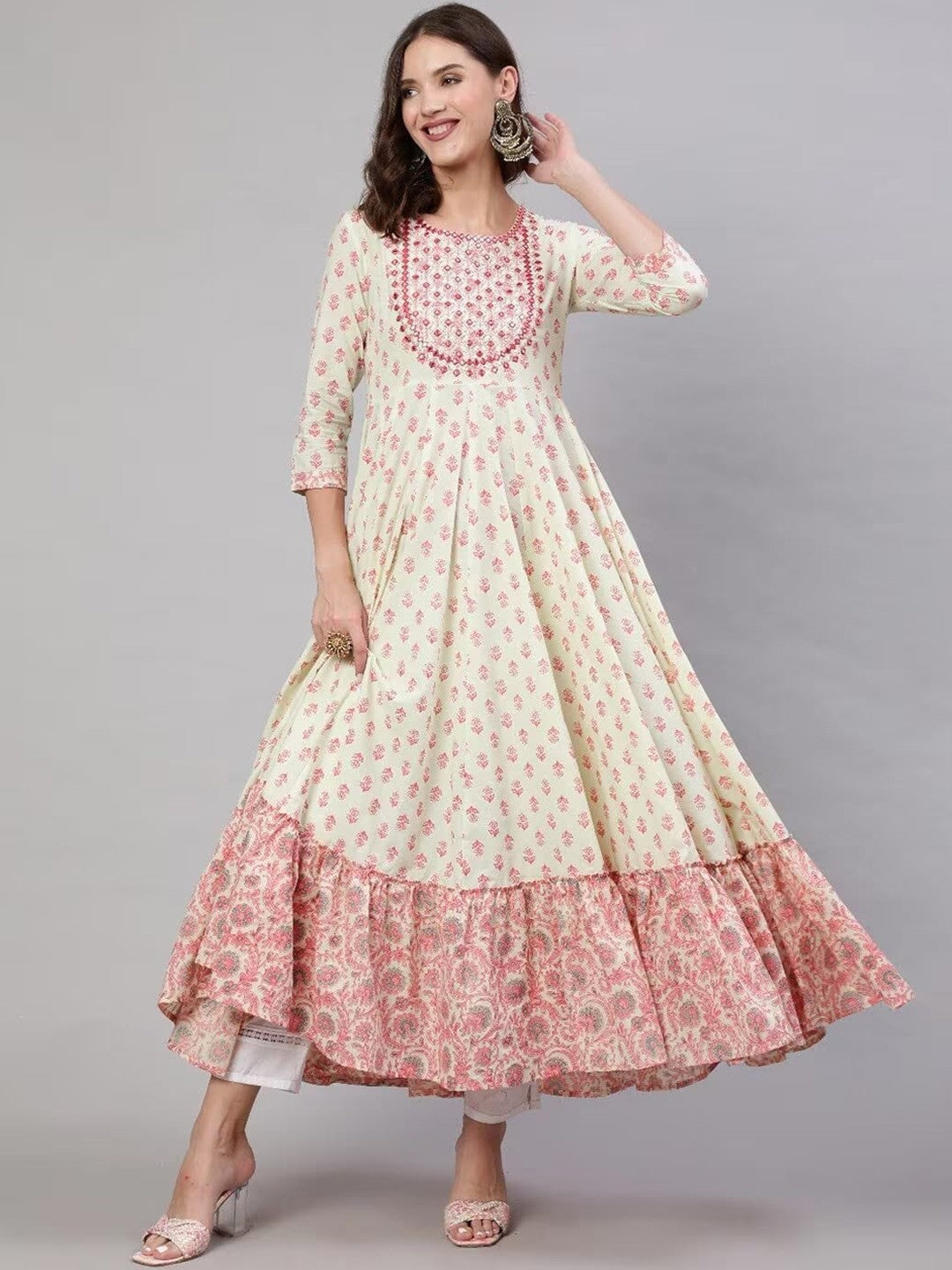 Floral Motifs Printed Mirror Work Anarkali Kurta