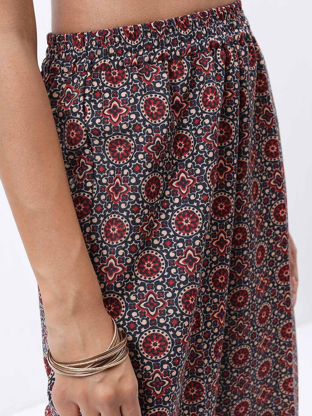 Red & Blue Floral Printed Angrakha Kurta With Palazzos & Dupatta