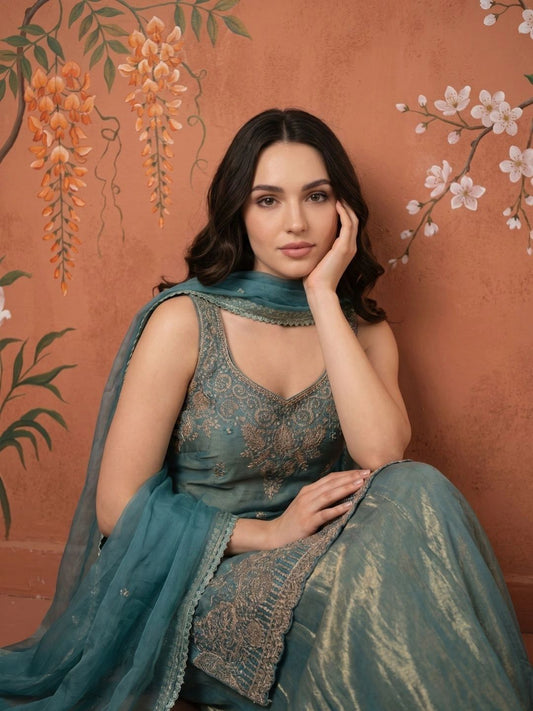 Women Ethnic Motifs Embroidered Regular Thread Work Kurta with Sharara & With Dupatta