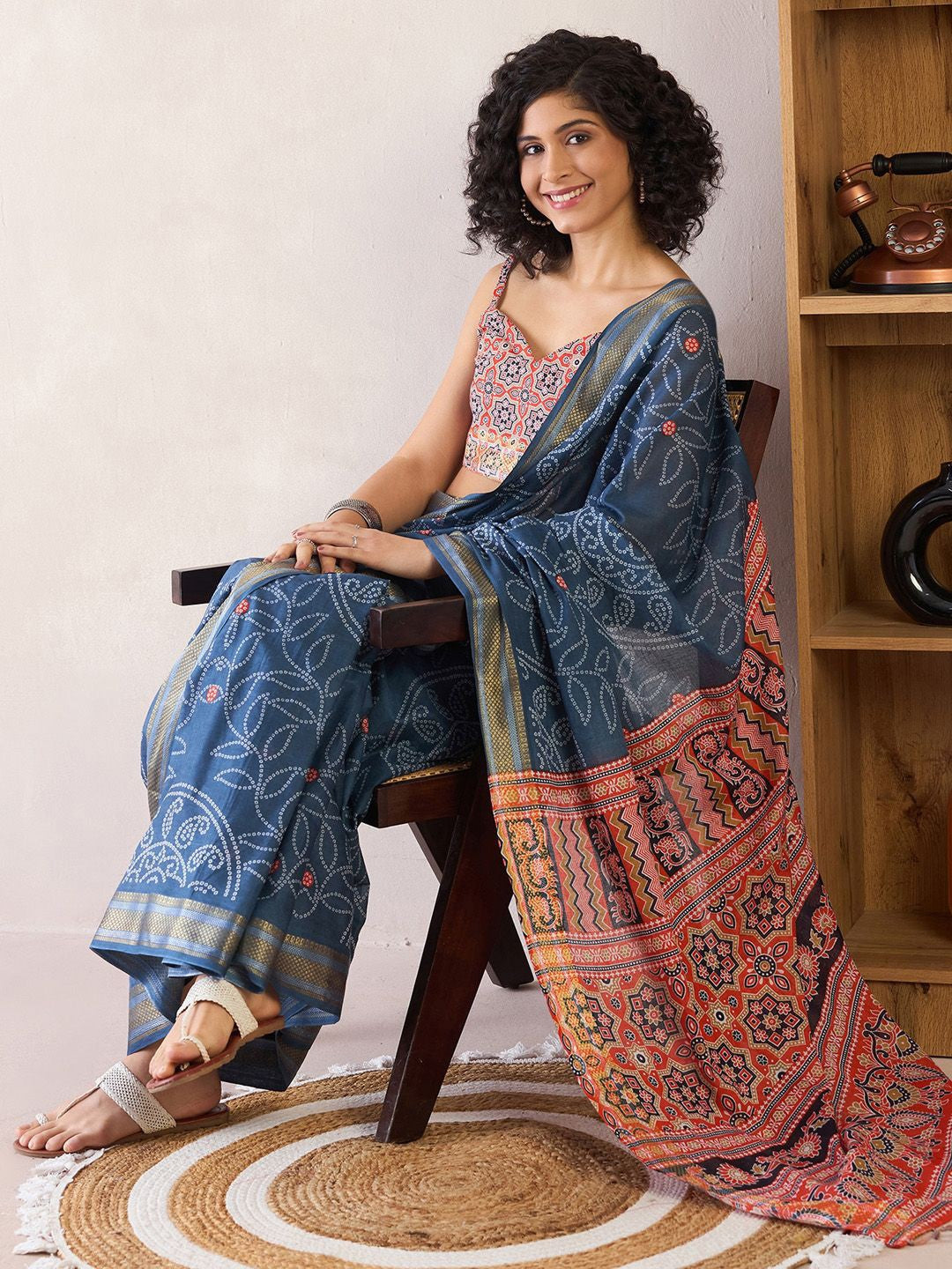 Bandhani Zari Poly Cotton Ready to Wear Bagru Sarees