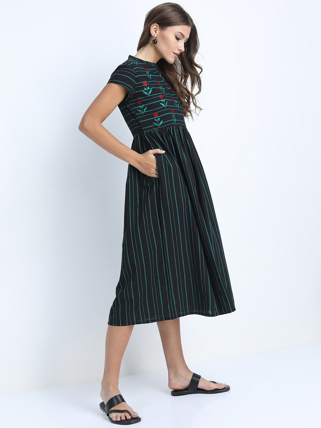 Black & Green Striped Ethnic Midi Dress