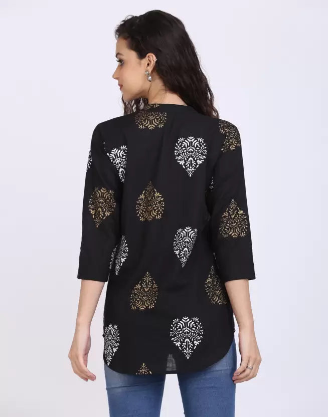 Casual Regular Sleeves Printed Women Black Top