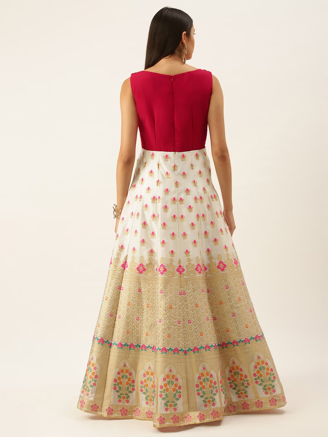 Women White Pink Made To Measure Ethnic Motifs A-Line Maxi Dress