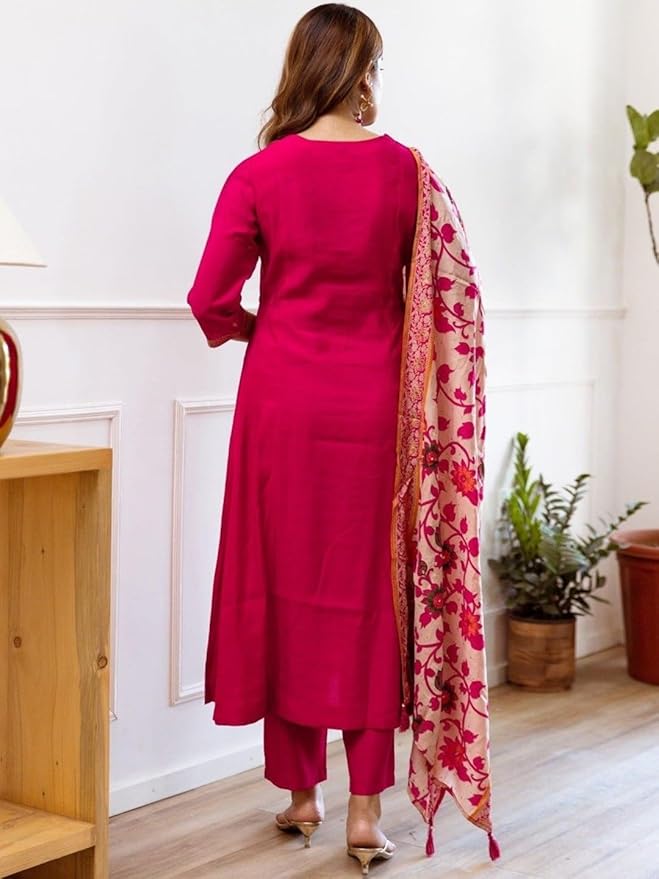 Women Silk Embroidered Kurta and Pant Set with Dupatta