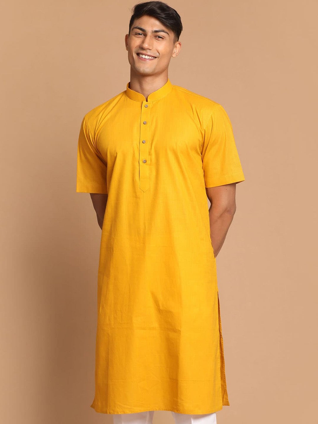 Men Mustard Yellow Cotton Linen Half Sleeves Kurta