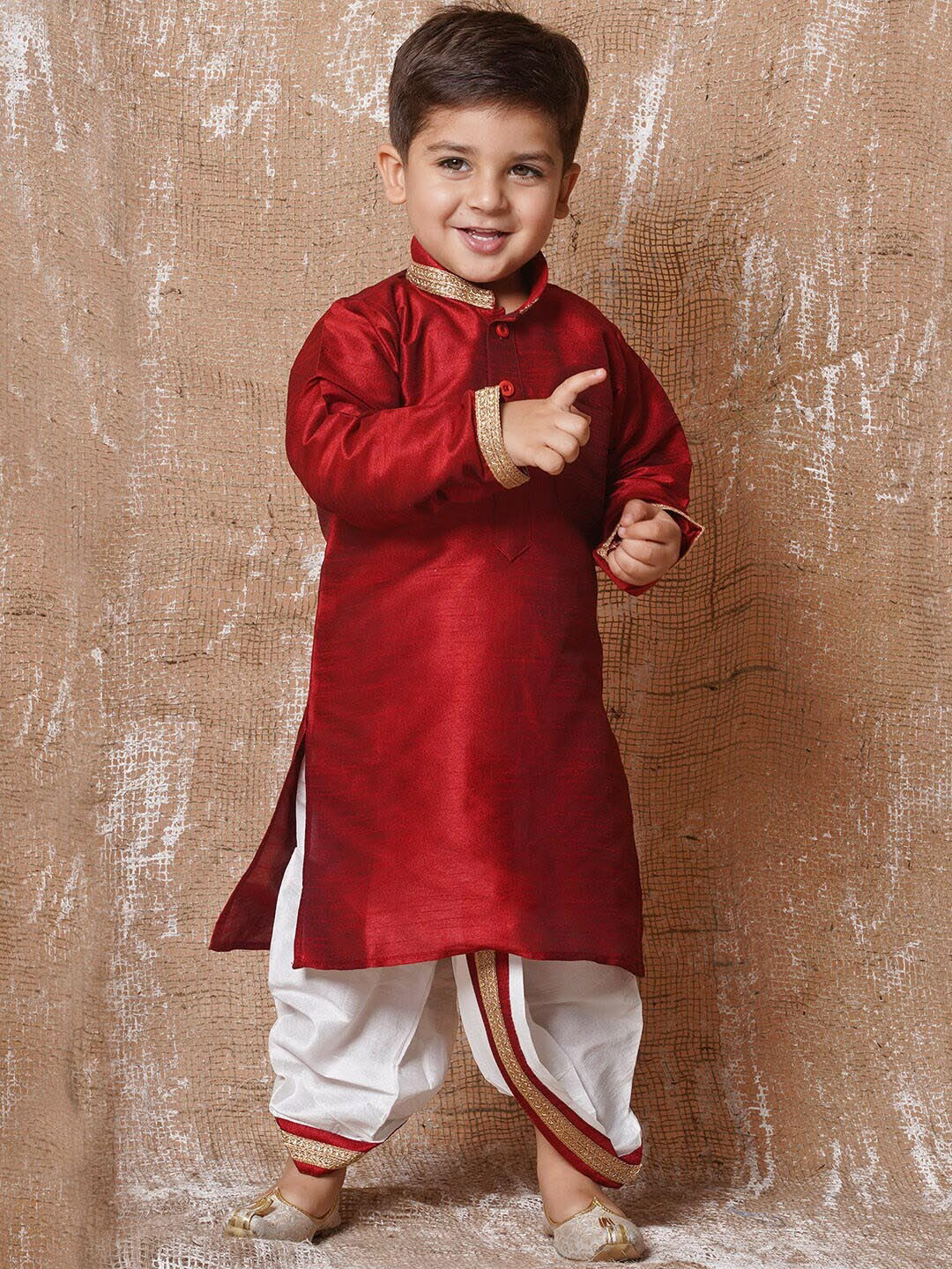 Boys Mandarin Collar Straight Kurta With Dhoti Pants