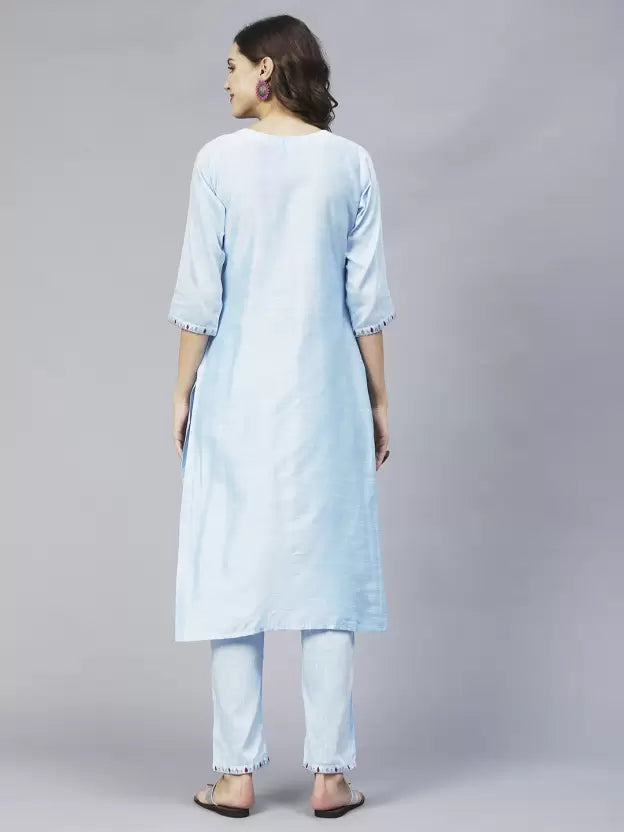 Women Light Blue Silk Blend Kurta Pant Set