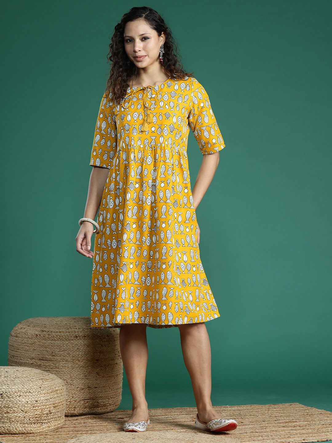 Printed Tie-Up Neck A-Line Midi Dress