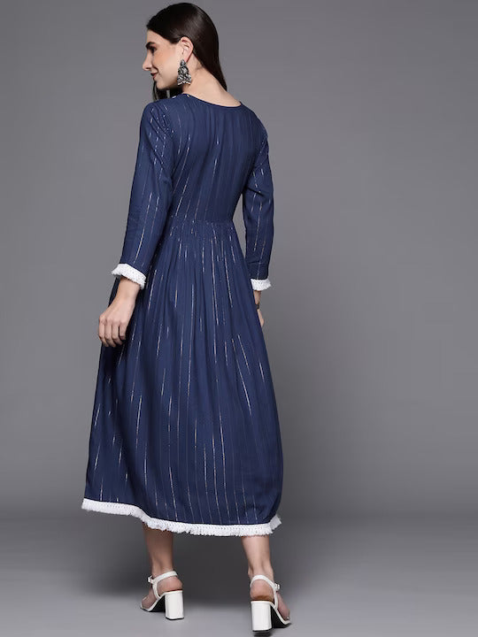 Blue Ethnic Motifs Embroidered Ethnic A-Line Midi Ethnic Dress