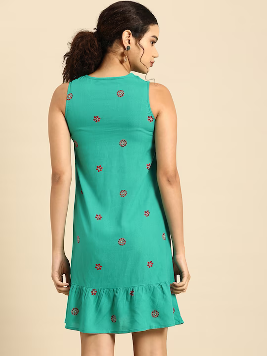 Turquoise Blue Floral Keyhole Neck A-Line Dress